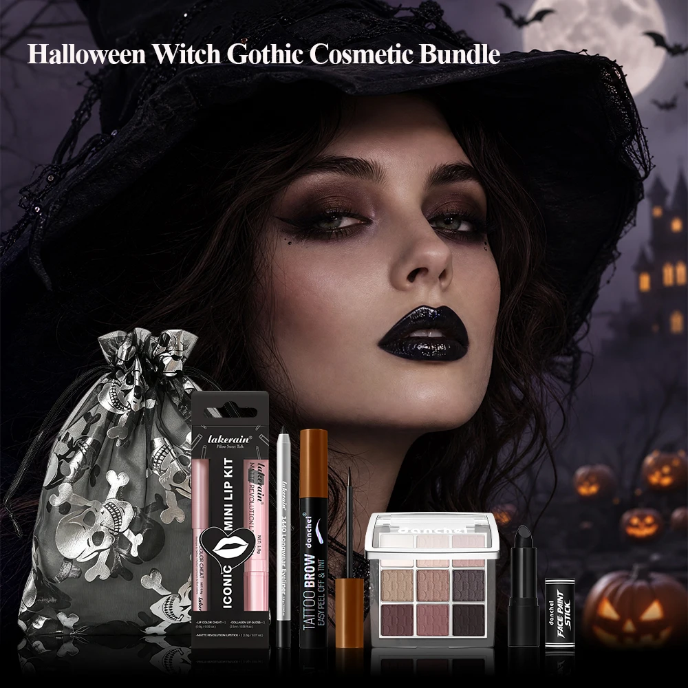 Halloween Witch Gothic Cosmetic Set Eyeliner Eyeshadow Lipstick Face Paint Drawstring Stick Bag for Halloween Cosplay Makeup Kit