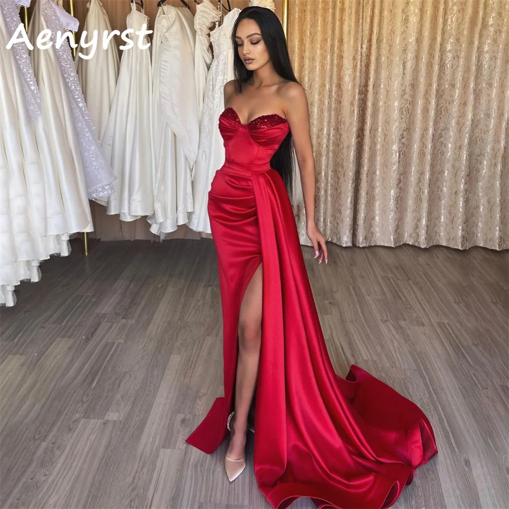 

Aenyrst Red Satin Sweetheart Mermaid Prom Dresses High Side Split Pleat Evening Dress Sweep Train Formal Party Gowns Custom Made