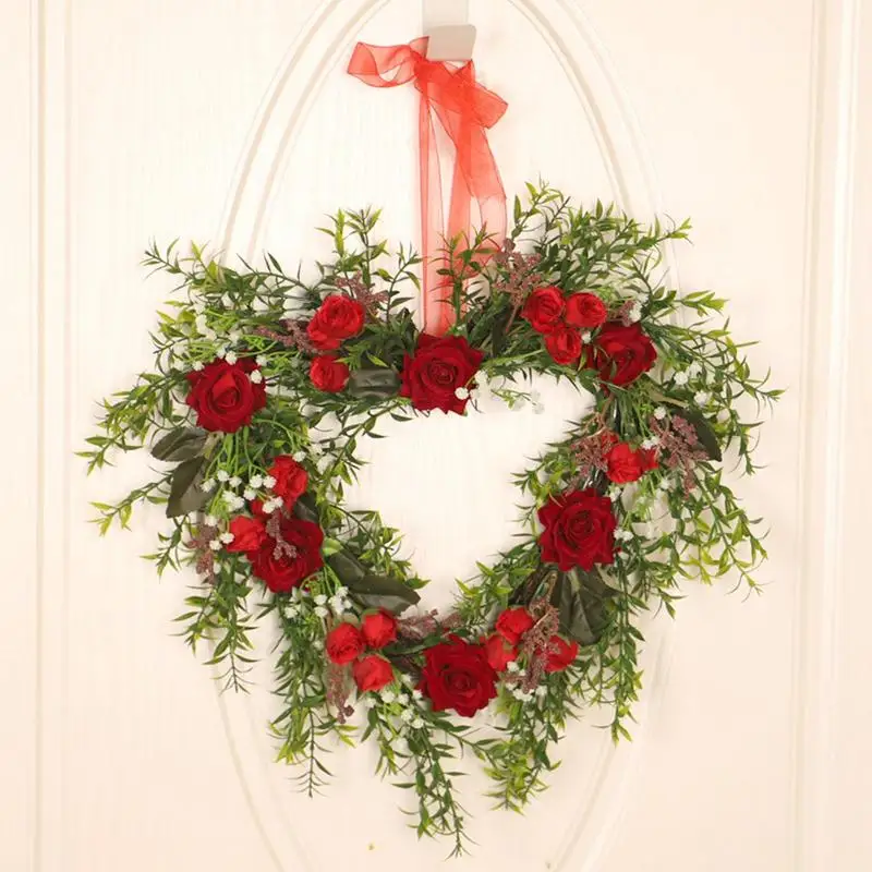 Heart Flower Wreath Valentines Day Decorations Wreath Red Rose Heart Wreath Floral Rose Artificial Door Wreath 15.74 Inches For