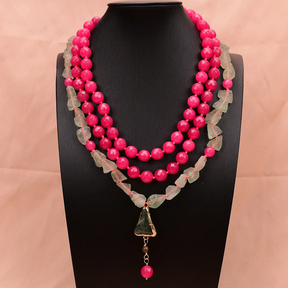APDGG A76 Handmade 3 Rows Natural Mix Stone Rose Jade Green Fluorite Multi Strands Necklace