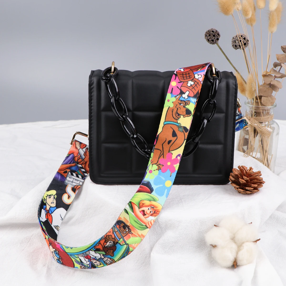 Cartoon Dog Shoulder Bag Strap para mulheres, bolsa ajustável corrente, fivela de metal, macio, largo, bolsa, Nylon