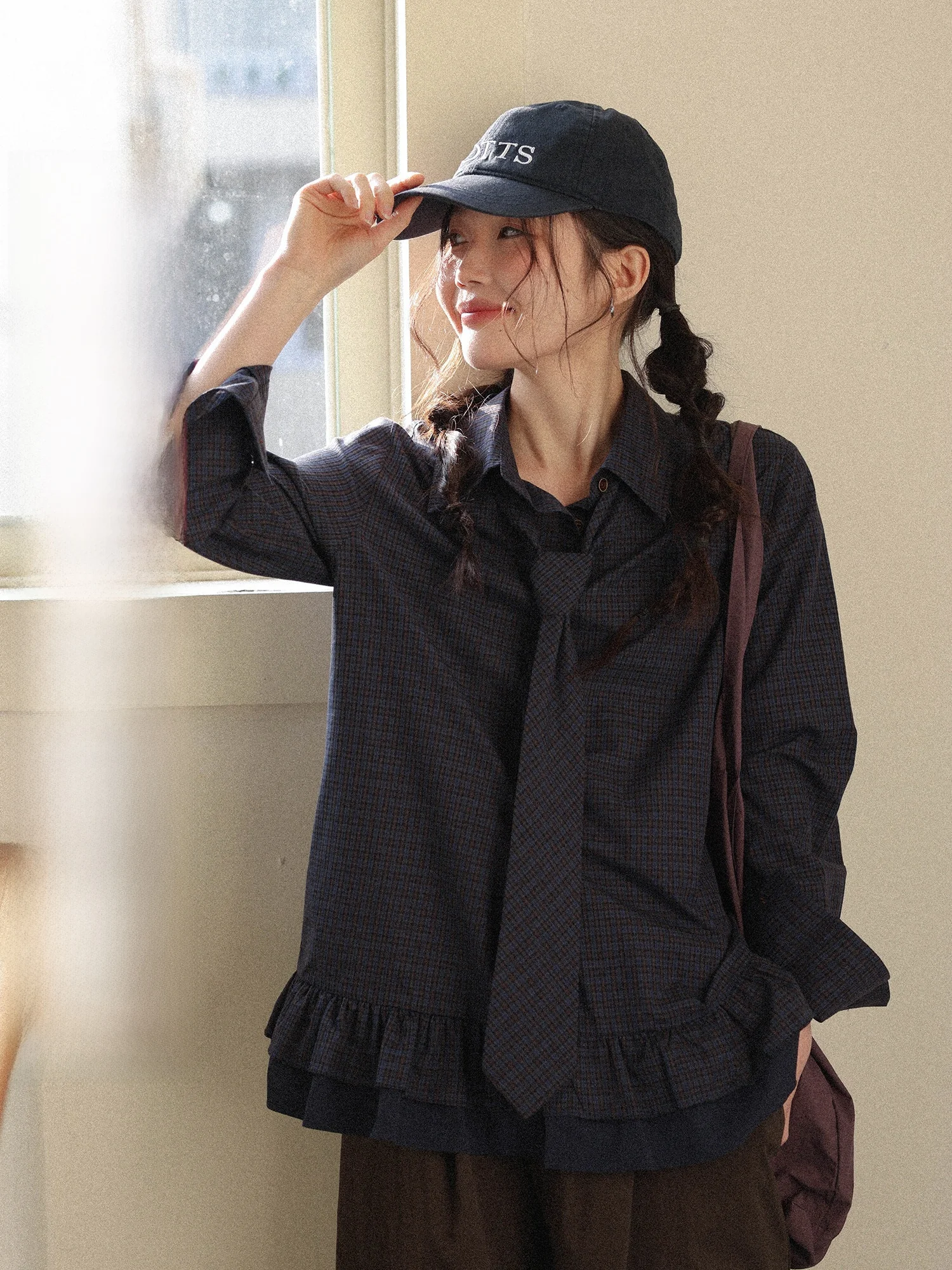 

Deep Blue Plaid Long Sleeve Women's Shirt Spring Fashion Design Gored Hem Commute Style Loose Fit Shirt Dress Top