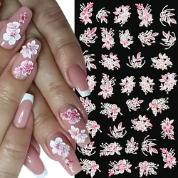5D Blossom Pink White Floral Nail Stickers Embossed Lace White Bride Gel Polish Nail Decal 8*10cm Pink Flowers Manicure Slider