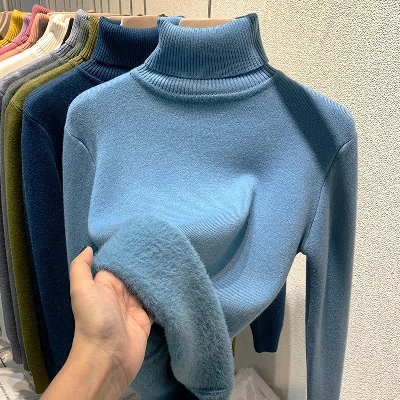 Solid Color Turtleneck Plus Velvet Pullover Sweater Women All-match Soft Thick Knitted Sweater New 6 Colors Inner Women Sweater