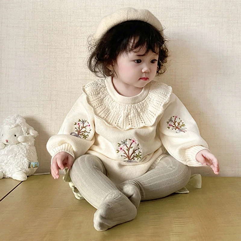 Novo bebê de malha macacão outono bordado bebê meninas macacão babados colarinho manga longa roupas recém-nascidos infantil macacões do bebê