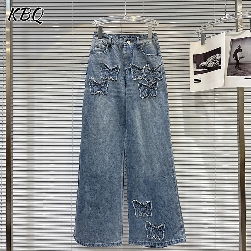 

KBQ Свободные темпераментные брюки с вышивкой и бантом для женщин, широкие джинсы с высокой талией и темпераментным дизайном, женский осенний стиль, новинка
