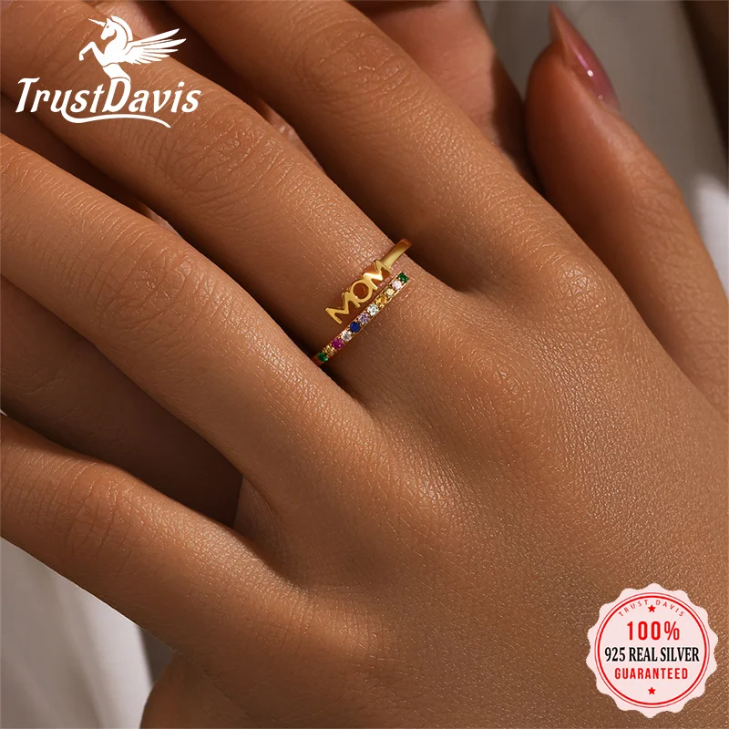 Trustdavis Ring aus echtem 925er Silber im modischen Stil mit Buchstaben „Mom“ und farbigem Zirkon für Damen, Schmuck für den täglichen Gebrauch, Geschenk, DS4830