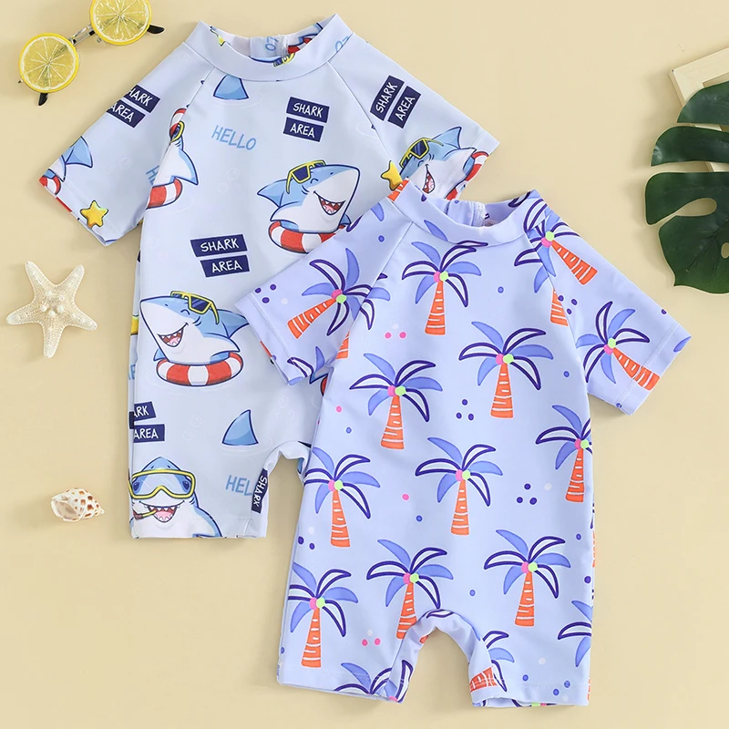 

Tregren 0-3Y Toddler Boys Rash Guard Swimwear Cartoon Print Short Sleeve Swimsuits Back Zipper Bathing Suits Summer Beachwear