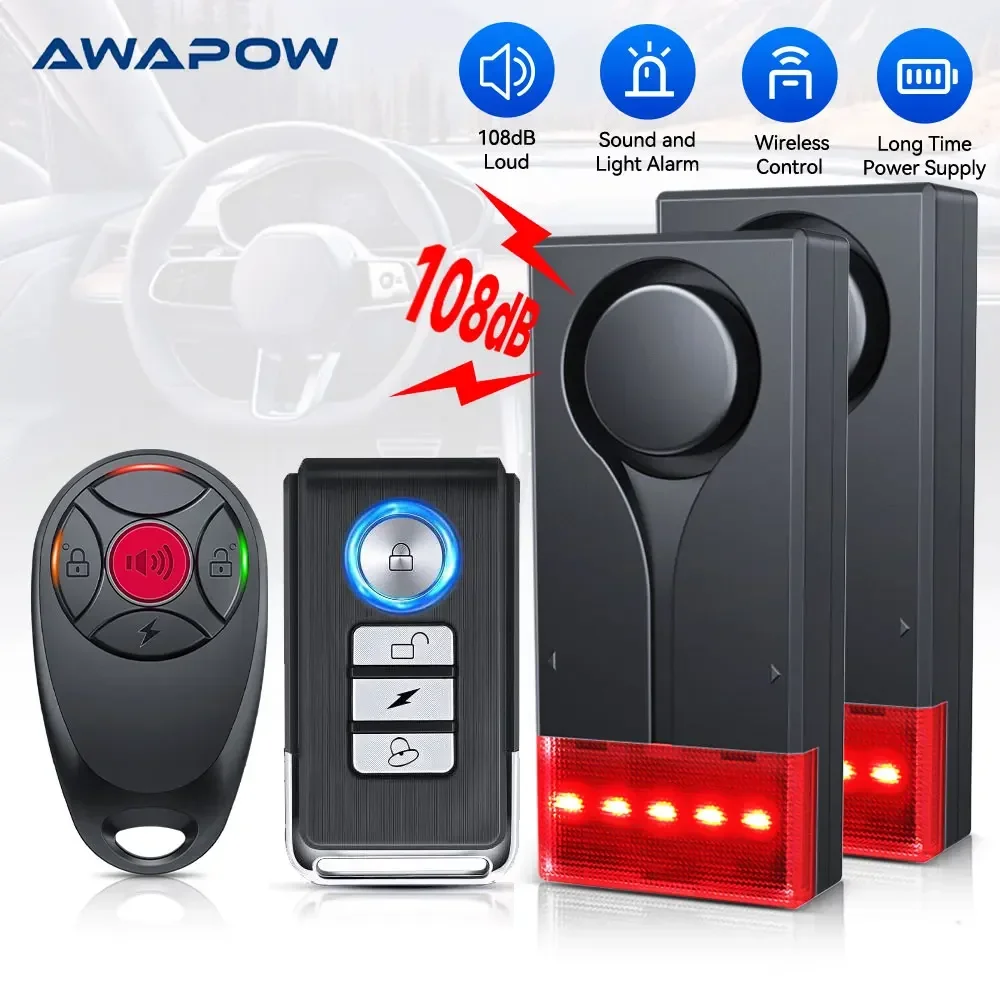 Awapow Alarm Getaran Anti Maling Mobil Nirkabel 108dB dengan Sistem Keamanan Rumah Pintu & Jendela Remote Control Ringan