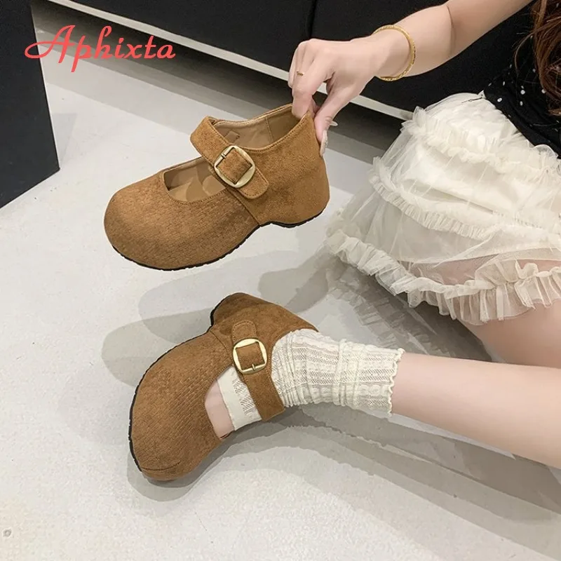 Korean Style Women Mary Jane Flat Shoes Round Toe One Buckle Strap Invisible Elevator Casual Fashion Ladies Ballet Single Shoes