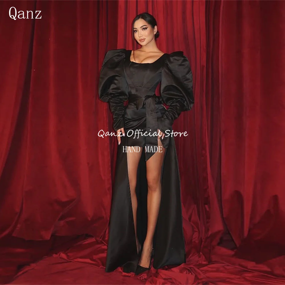 Qanz Modern Black Prom Dresses Detachable Tail High Low Satin Bespoke Occasion Dresses Long Puff Sleeves Party Gown Customized