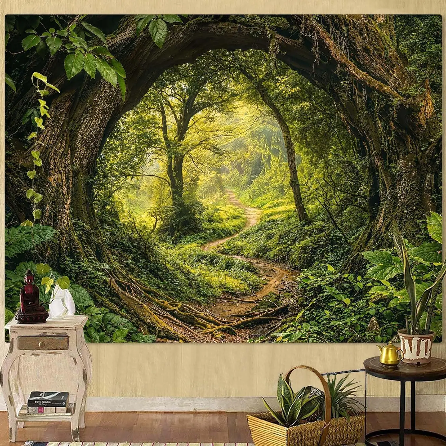 Tapiz de pared con paisaje verde de bosque, tapices de naturaleza para colgar en el techo del dormitorio, para la pared del dormitorio y la sala de estar