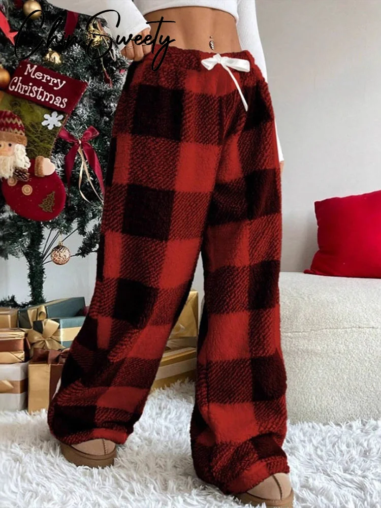 Spodnie damskie na sznurku w kratę, świąteczne, z obniżonym stanem, plisowane, z szerokimi nogawkami, na wiosnę i jesień 2026, z panelami.