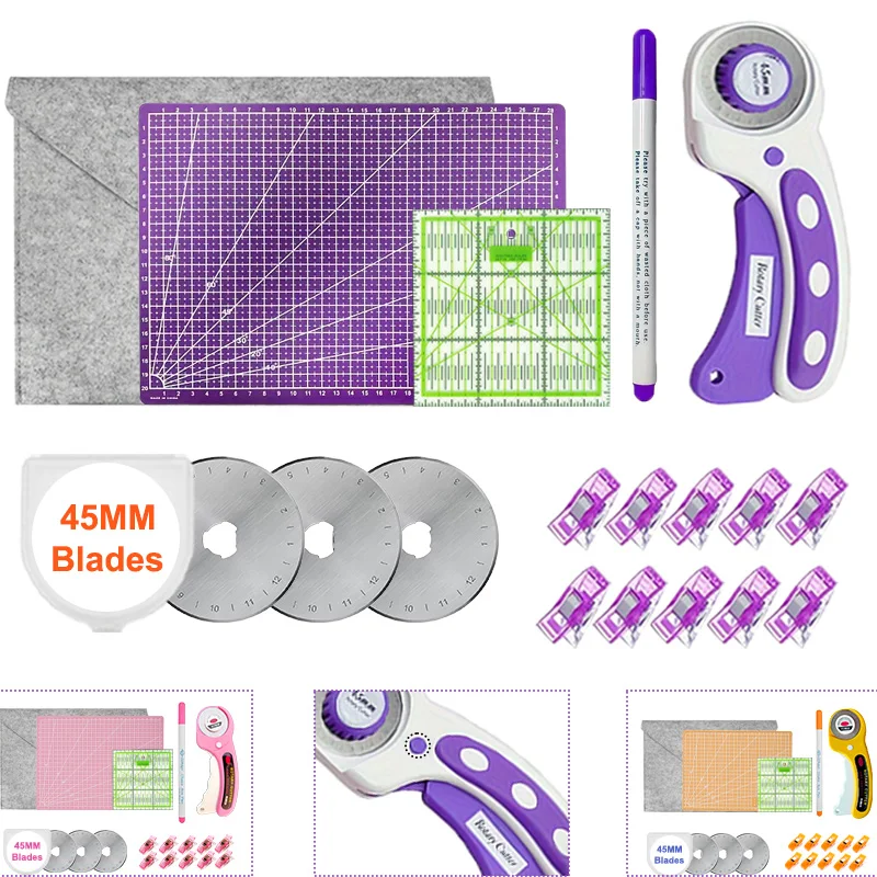 45mm Rotary Cutter with Thickened A4 Cutting Mat + Sk5 Replacement Blades + Patchwork Ruler + Sewing Marker Pen + Craft Clips + Storage Bag, Suitable for Cutting Leather, Fabric, Paper Crafts, and as a Holiday Gift--Va