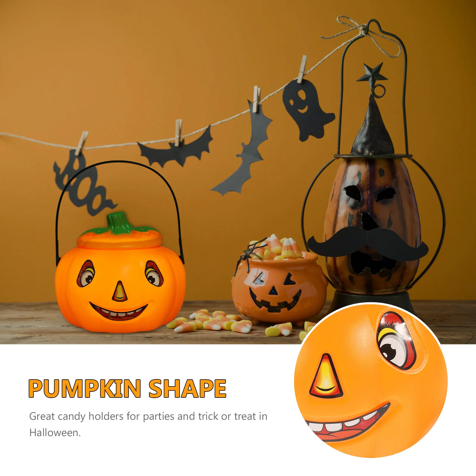 

2pcs Halloween Pumpkin Bucket Orange Plastic Candy Holder Trick Or Treat Party Gift Face Stickers Pail Decor