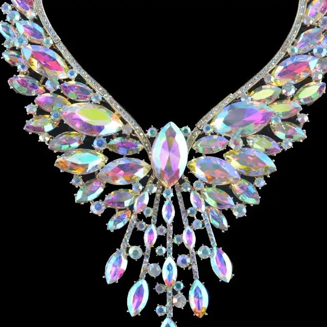 Statement Bridal Jewelry sets Necklace Earring Women Brides Party  Jewellery Accessories Gift AB Marquise Glass Dress Chain