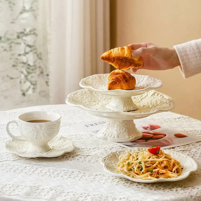 Rose Relief Ceramic Tableware European Classical White Carving Fruit Salad Plate Afternoon Tea Teapot Tea Set Cake Dessert Dish