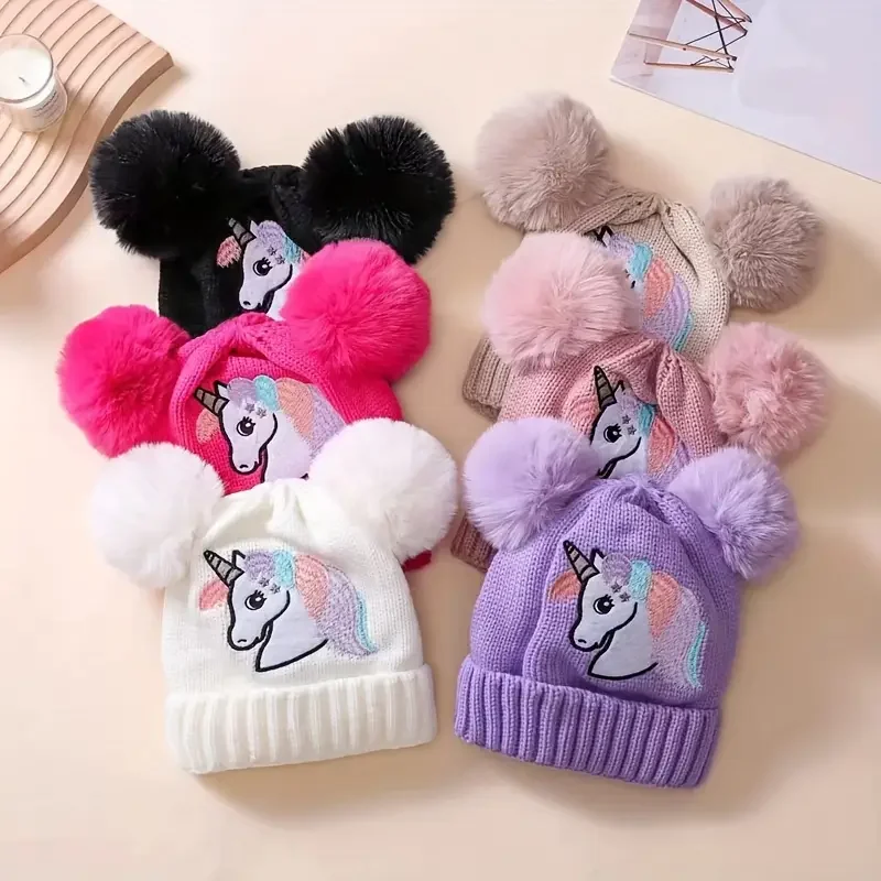 

Unicorn Pattern Embroidered Baby Knitted Hat Autumn and Winter Wool Ball Hat Warm Hat Suitable for 1-4 Years Old Boys and Girls