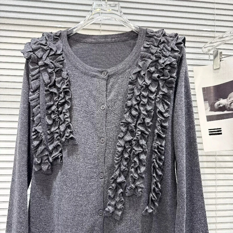 Personalized Fungus Edge Design Women's Long-sleeved Knitted Cardigan 2026 Autumn Gray Sweet Hin Versatile Button Top Ladies