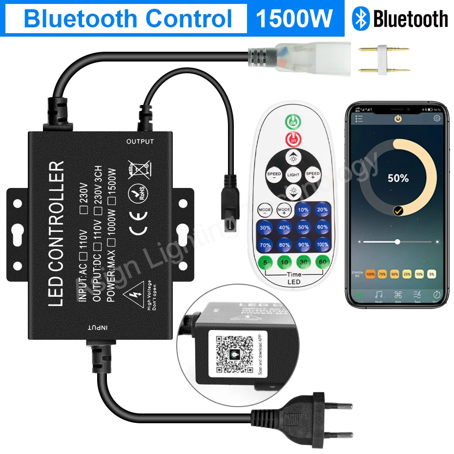 750W 1500W Remote/Bluetooh/Tuya WiFi LED Strip Dimmer AC220V 2Pin Led Controller Dimmable For Single Color LED Neon Strip Light