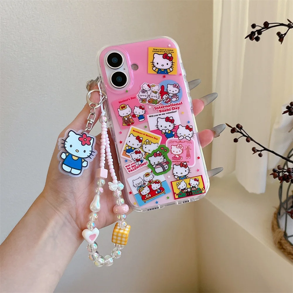 

Cute Hello Kitty phone case for iPhone 15 pro 13 14 16 promax cover Sanrio cartoon with hinged shockproof cover For 16 pro Funda