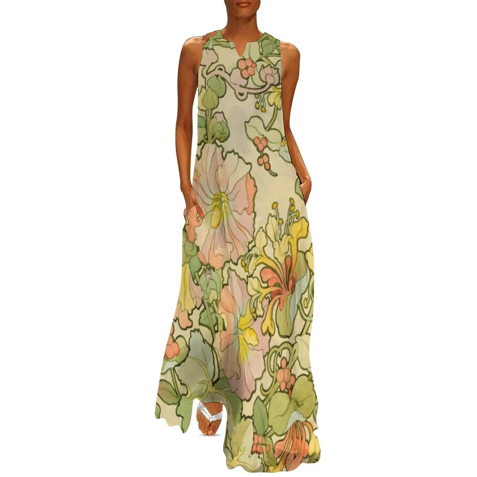 Alphonse Mucha (1860 – 1939) Flowers textile design Long Dress women evening dress clothes for women Aesthetic clothing Dress