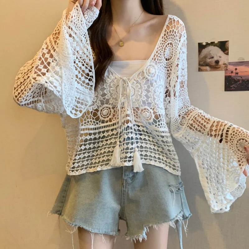 Women Gypsy Crochet Top Sheer Embroidery Open Knit Bell Sleeve Tie Front Open Knit Top Pullover Summer Vacation Boho Beach Wear