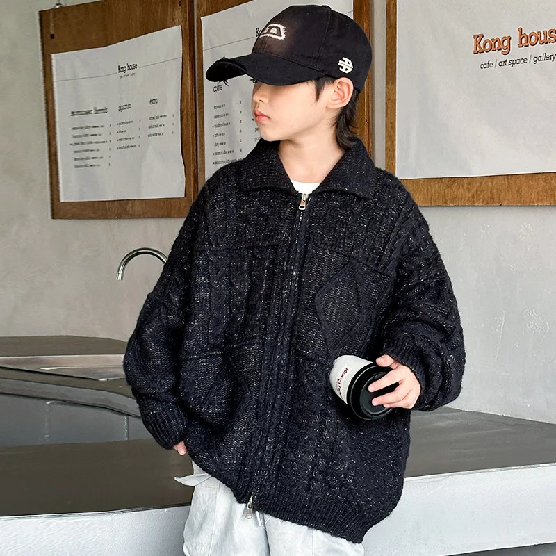 

Boys' Cardigan Sweater Autumn and Winter 2024 New Mid-length Children's Clothing Winter Thickened Knitted Jacket Boy Winter