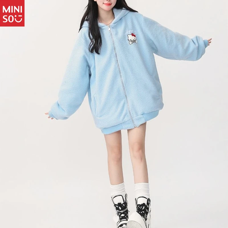Miniso Cozy Hello Kitty Hooded Jacket, Cute Plush Fleece-Lined Winter Coat for Women