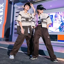 Kids Hip Hop Clothing Short Sleeve Shirt Jacket Top Brown Cargo Pants for Girl Boy Jazz Dance Costume Teenager Street Wear 8 10Y