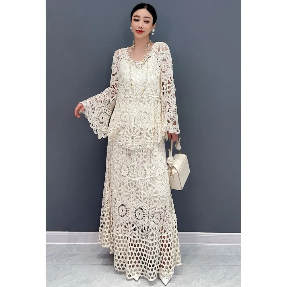 

2024 Autumn New Women Dress Set Hollow Long Dress + Full Sleeve Top Solid Color Gentle Ladies Loose Fashion Two Piece Set ZF060