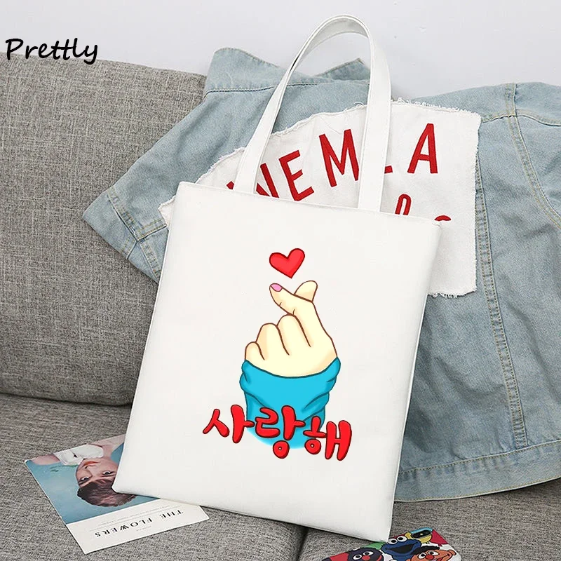 Saranghae Korean Finger Heart Shoulder Handbags Kpop Love K-pop Kdrama Canvas Tote Bag Large Student School Bags Ladies Shopping