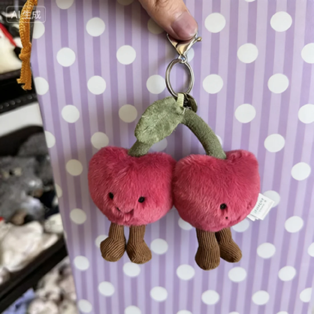 Portachiavi bicolore in peluche di cotone per gatti, morbido croissant, design a ciliegia, accessorio carino per borse e bagagli