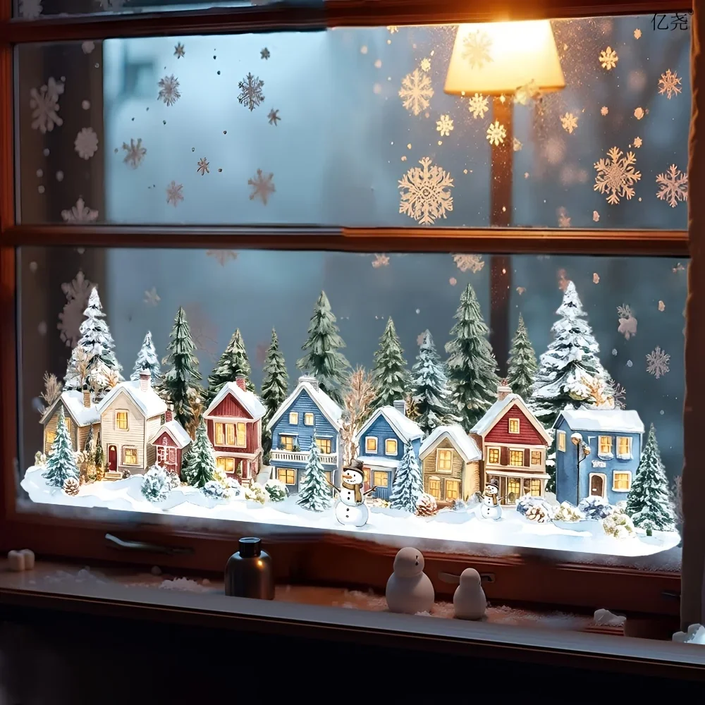 1pc 2D Flat Static Window Clings Featuring Winter Snow Houses, Pine Trees, Snowmen, And Snowflakes, Glueless Static Adhesion
