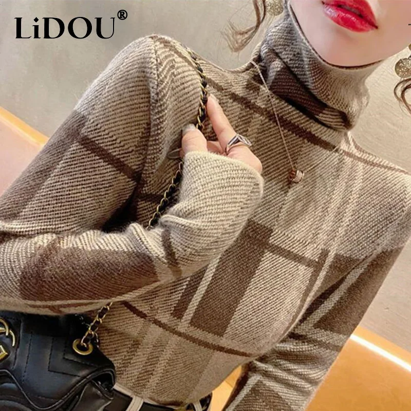 

Winter New High Collar Vintage Plaid Print Two-sided Velvet Warm T-shirt Women Long Sleeve Slim All-match Bottoming Pullover Top