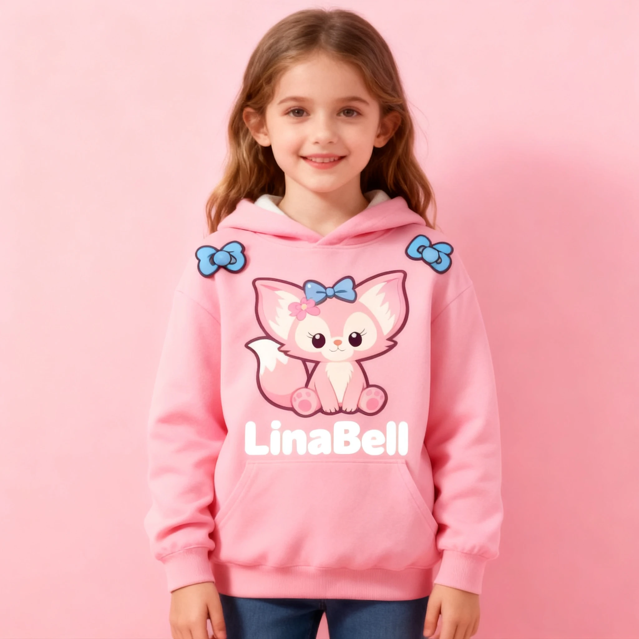 

New Autumn Winter Disney Linabell Kids Hoodie Girls, Pink Cartoon Print Pullover, Girls Casual Top for Layering and Outdoor