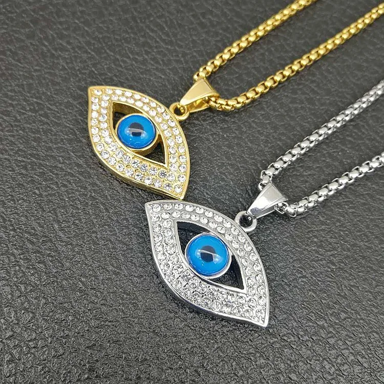 316L Stainless Steel Men iced out blue eye of God pendant necklaces with zircon fashion long chain hip hop men jewelry