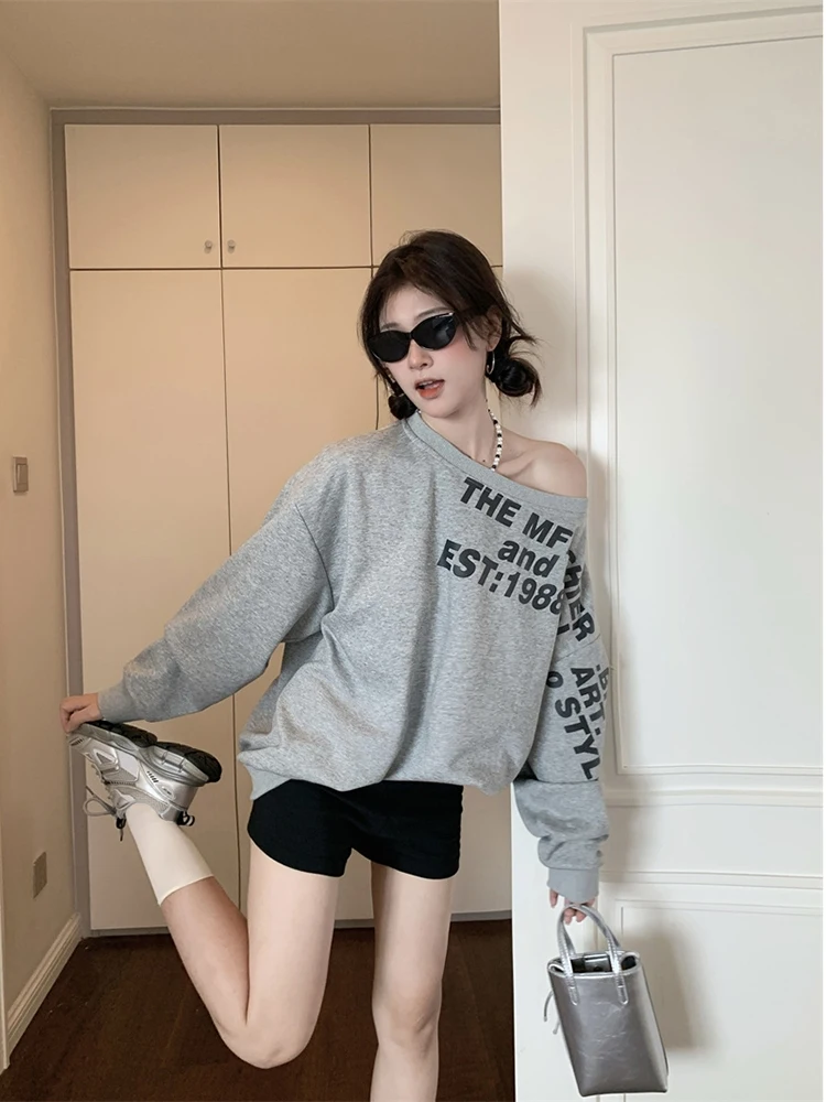 Womens Clothing Grey Vintage Street Sweatshirt Hoodie Letter Printing Long Sleeves Casual Warm Oversize Baggy Ladies Tops Autumn