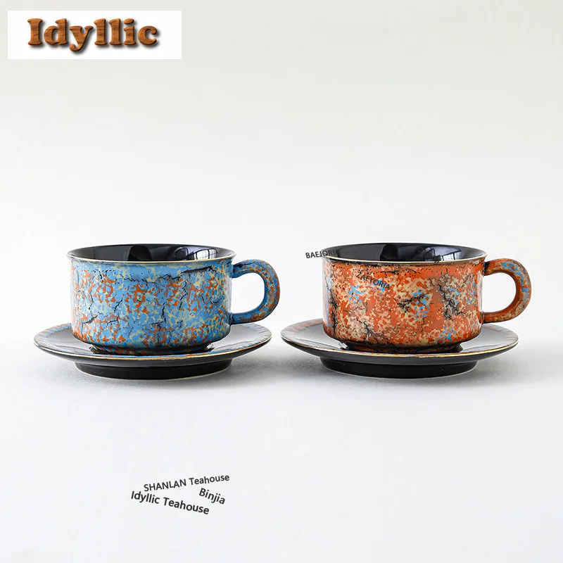 HOYIHM 250ml Wind-splashed Ink Oil Painting Gold Drawing Coffee Mug With Plate Beer Cup Afternoon Tea Mug Cup Saucer Kit Teaware