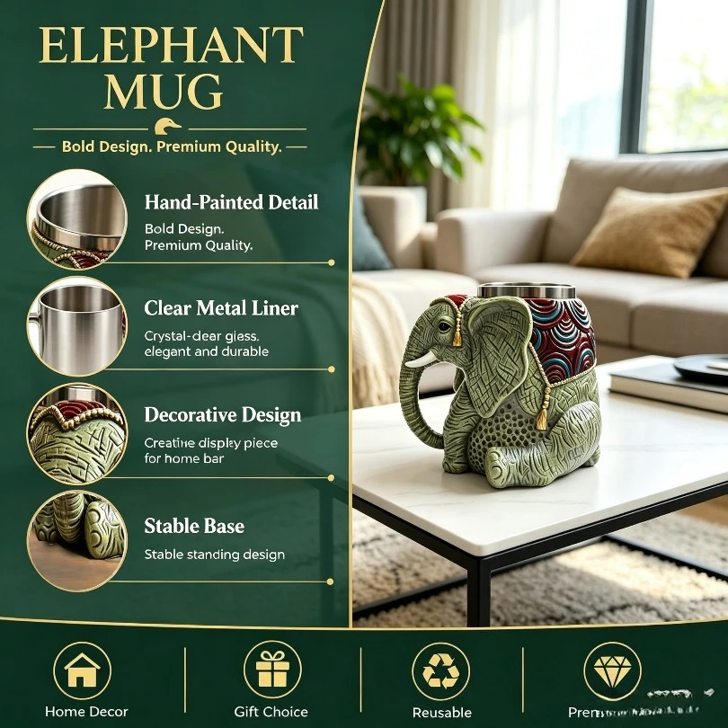 3D Elephant Shape Mug Stainless Steel Inner Liner Resin Coffee Cup Vintage Decorative DrinkwareKitchen Home Desktop Housewarming
