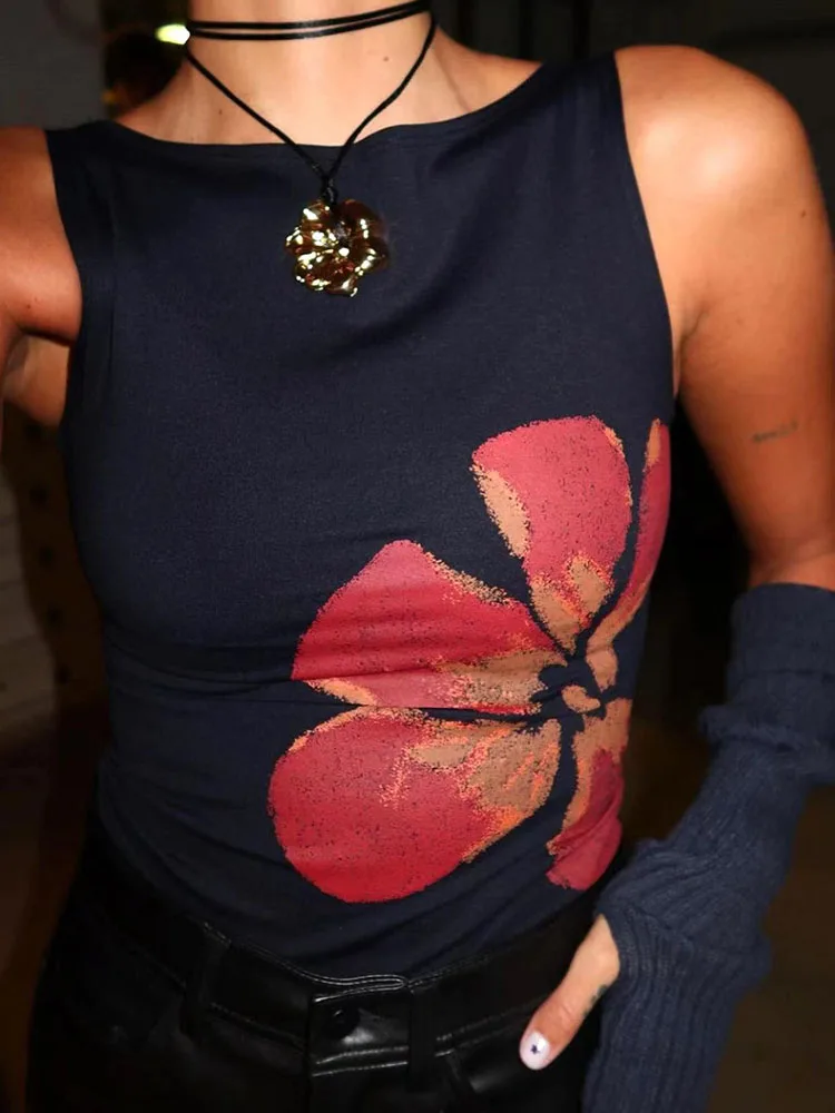 Boat Neck Sleeveless Summer Party Club Top With Simple Floral Print Sleeveless Vest for Women Slim Fit and Slimming Pullover Top