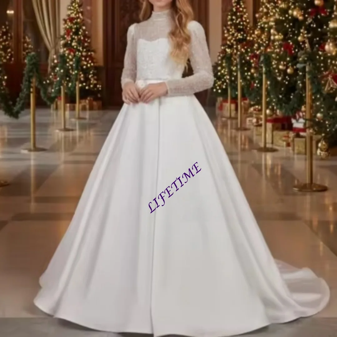 Princess Flower Girl Dress High Neck Sequin Floor Length Infant Baptism Gown First Communion Customizable Wedding Dress