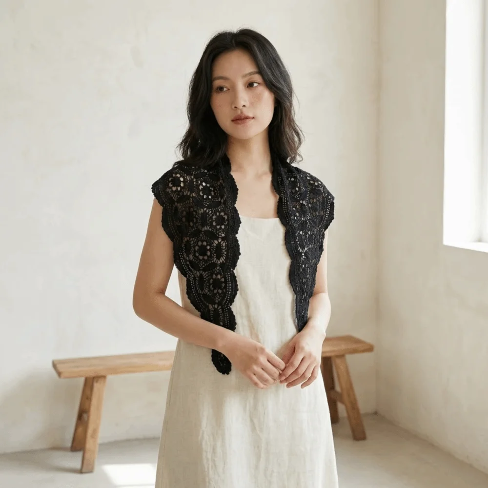 

Retro Fake Collar Knitted Triangle Scarf White Ethnic Style Crochet Flower Scarves Cape Wraps Fart Curtain Female