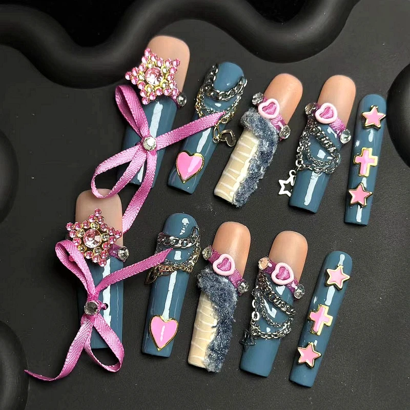 

Handmade Extra Long Y2K False Nail Tips Glittery Rhinestone Press On Nails Reusable Custom Short Full Cover Fake Nail With Glue