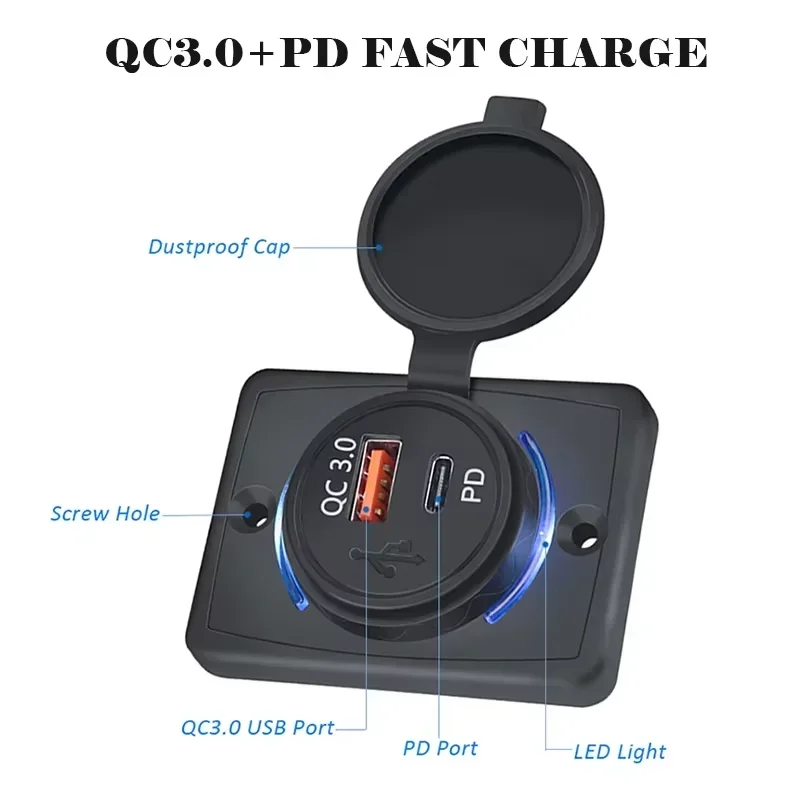 Dual Ports Car Charger Socket 12-24V USB QC PD Charger Outlet Power Adapter with Sliding Cap for Car Motorcycle Truck ATV RVBoat