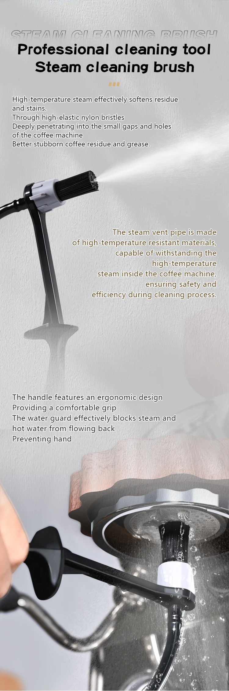 Cepillo de limpieza a vapor resistente al calor para cafeteras, cepillo de limpieza para máquinas de espresso, cabezal d