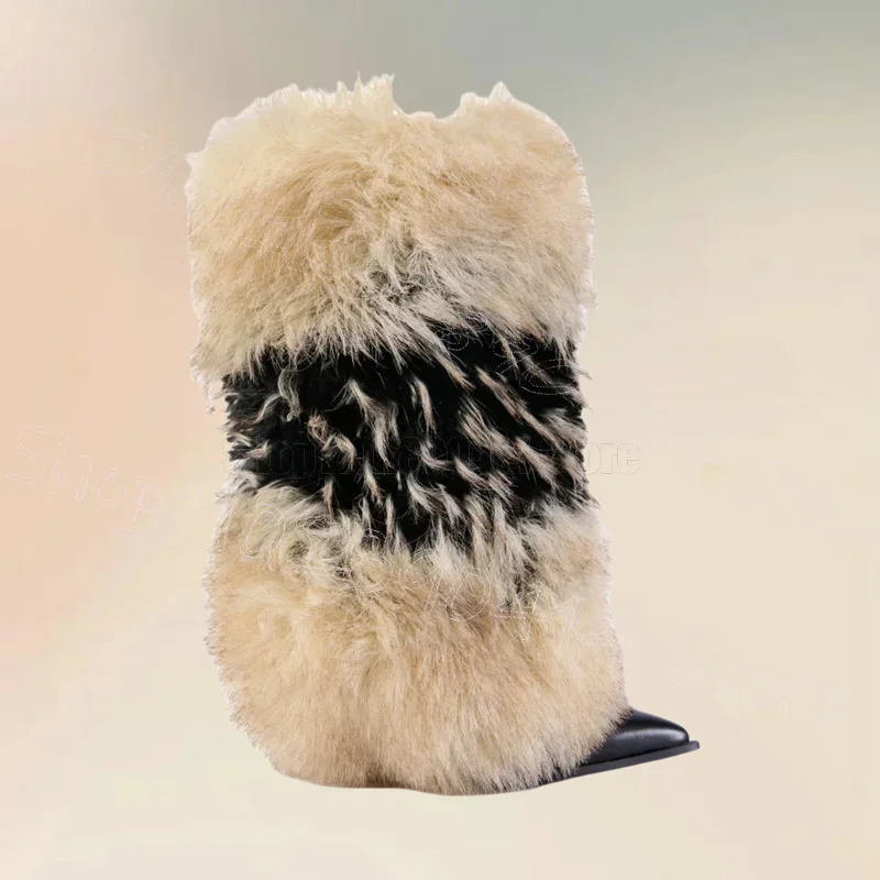 

Beige Black Fur Design Pointed Toe Boots Slip On Women Shoes Thin High Heels Party Feast Dating Winter 2025 Zapatos Para Mujere