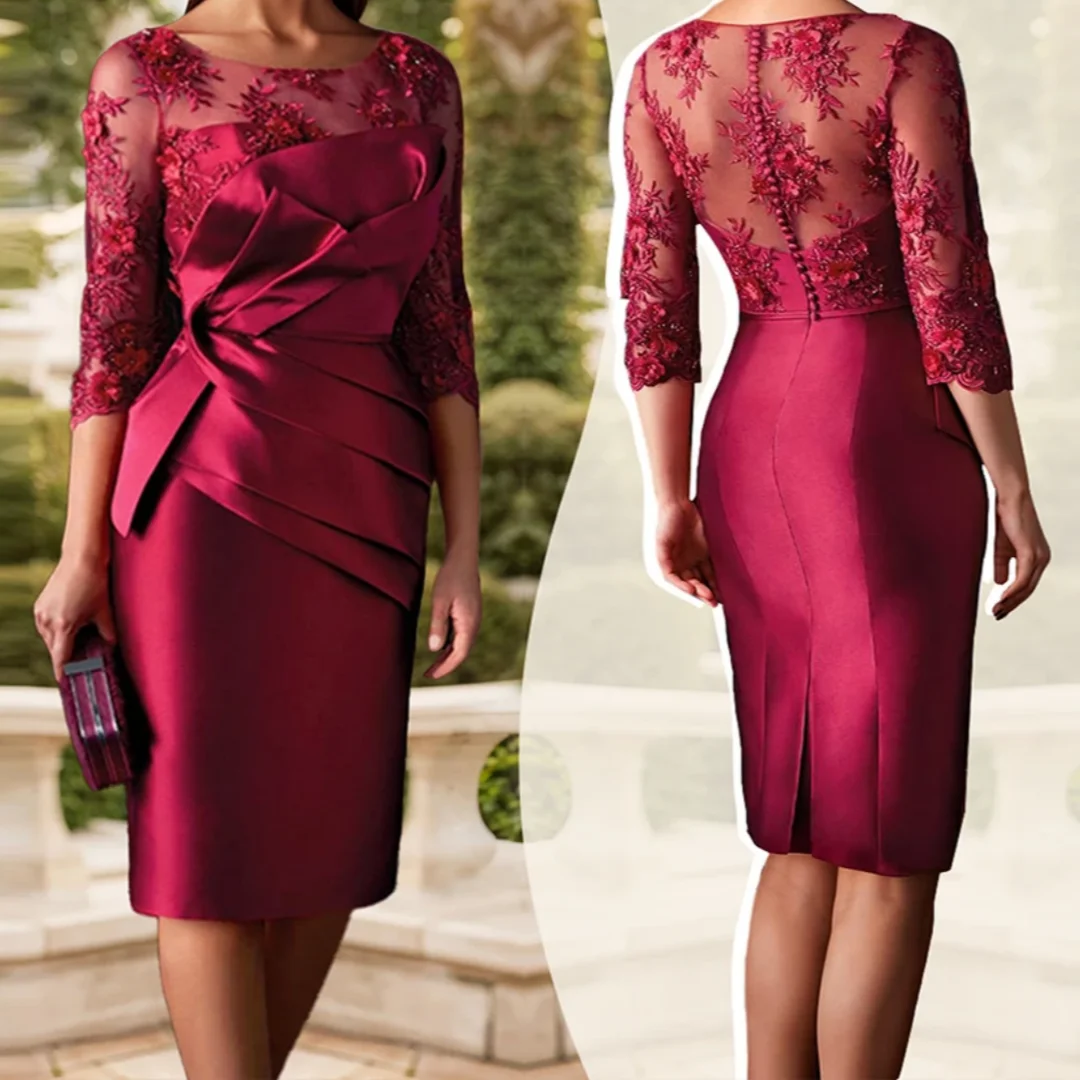 فستان أم العروس مزين بالدانتيل الحديث بطول الركبة نصف كم غمد وسحاب رداء Invitée Mariage مخصص