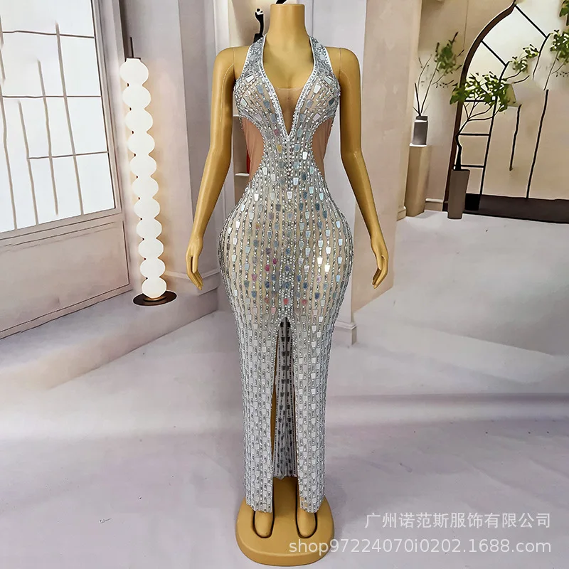 Collo a V profondo Sexy Split End Serata di lusso Cocktail Party Passerella Sera Studio Showroom Abito Robe Femmes Élégantes Chic Soiree