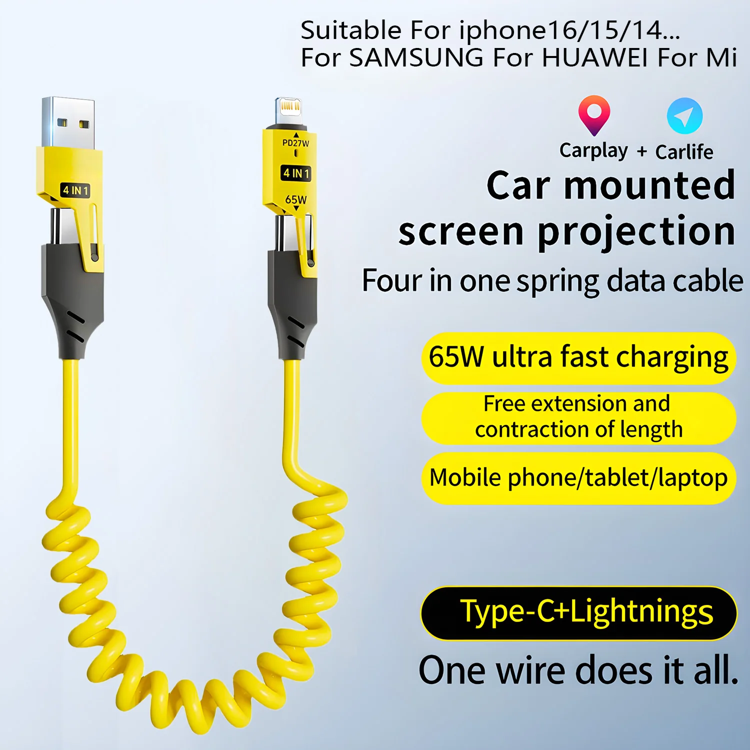 65W 4 in 1 USB/Type C/iOS Data Cable 1.5M Spring Pull Telescopic Fast Charging Cable for iPhone 14/15/16 Sumsung Xiaomi